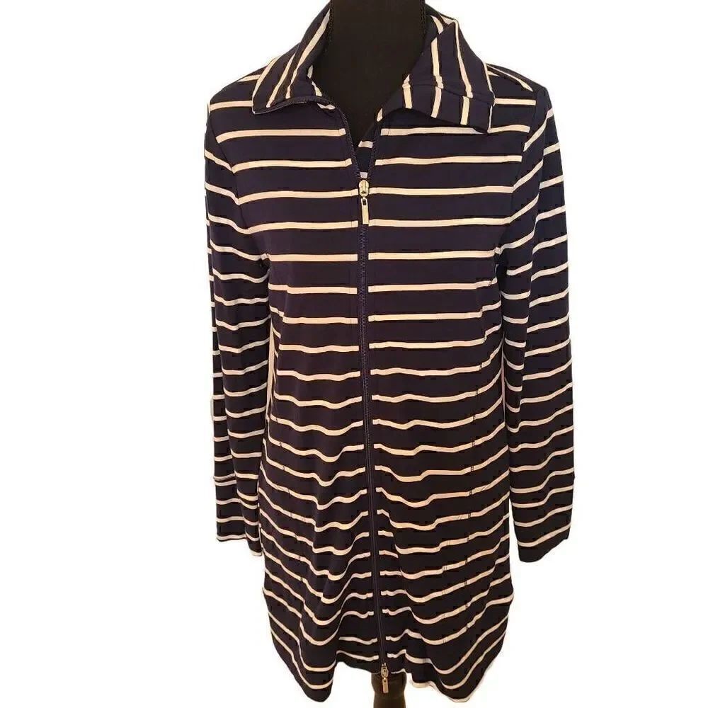 Soma Womens Striped Long Sleeves Full Zip Tunic Jacket Navy Blue & White Small